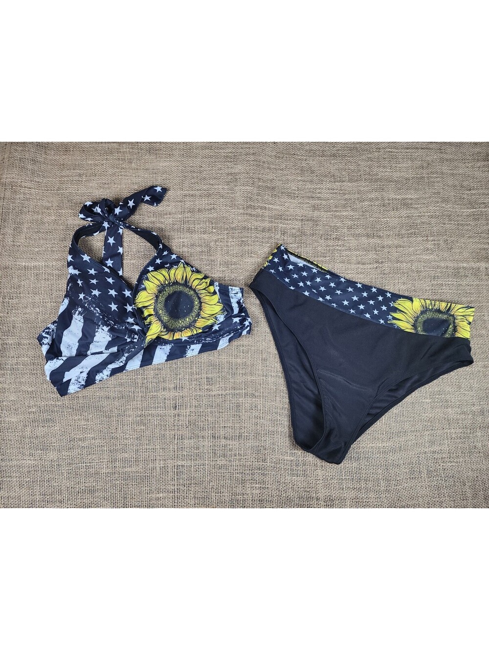 2XL Women's Two-Piece Swimsuit with Sunflower / American Flag Print